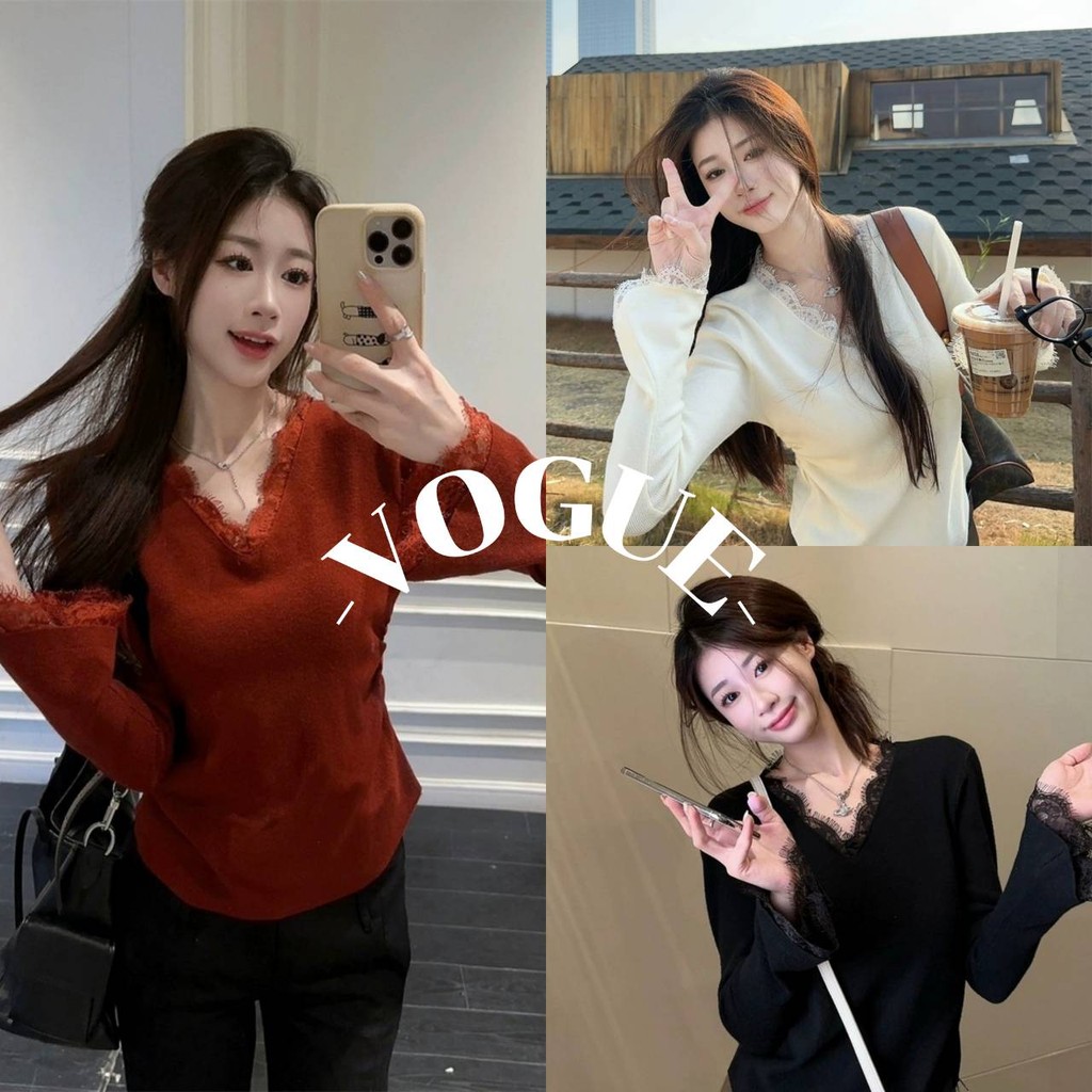 Vogue พร้อมส่ง เสื้อไหมพรมแขนยาว คอวี ผ้าร่อง รอบลูกไม้ ปลายปล่อย (Z-YD02)