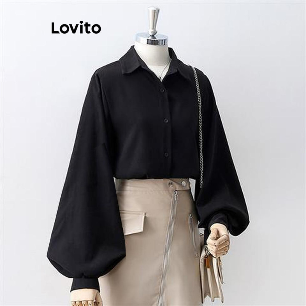 Lovito เสื้อเบลาส์ผู้หญิง มีกระดุม สีพื้น LNA70260