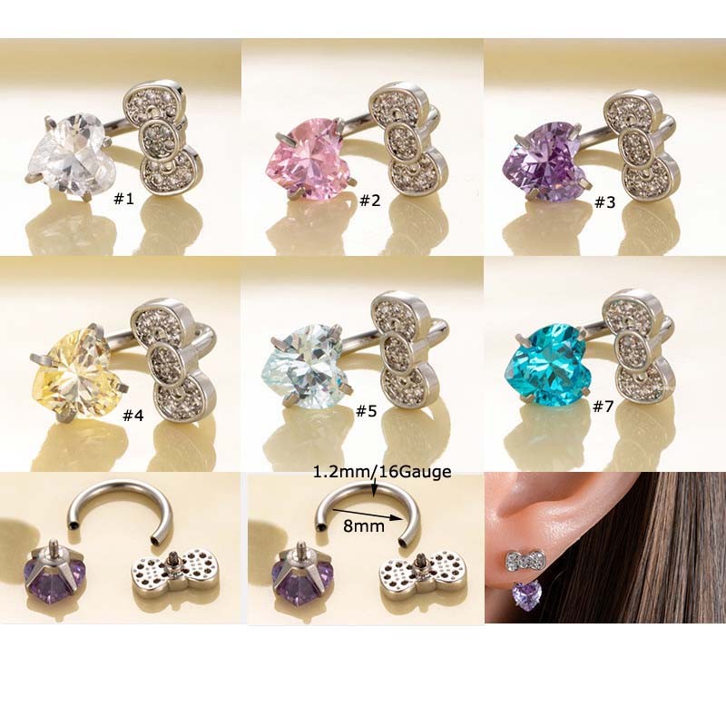 1 ชิ้น Bowknot รูปหัวใจม้ารองเท้าแหวน Helix กระดูกอ่อนต่างหูเจาะ 16Gauge
