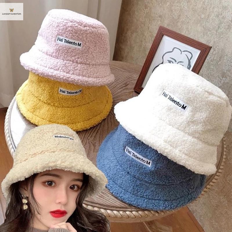 Cod Lamb Wool Bucket Hat Winter Warm Hat For Women Lady Thicken Flat Top Cap Unisex Men ปานามาหมวกชาวประมงกลางแจ้งหมวกใหม่