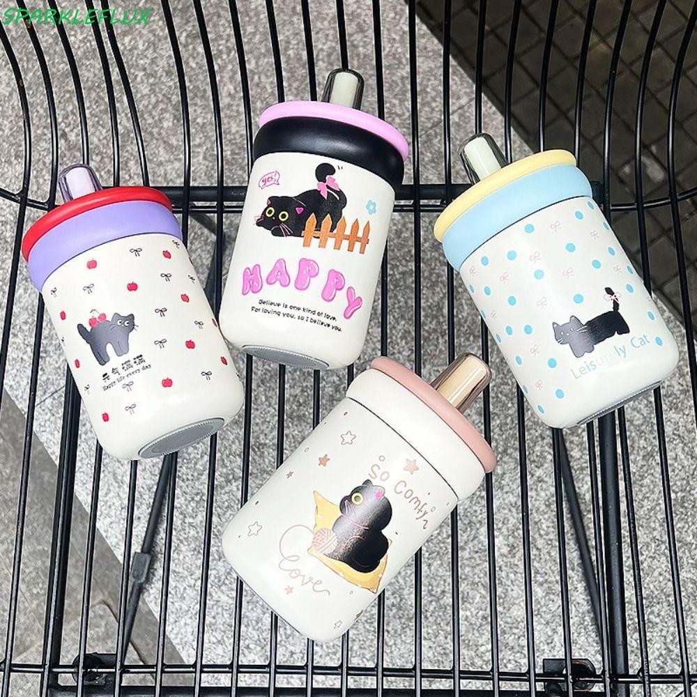 ประกายไฟ กระติกน้ําร้อน, การ์ตูน 316 สแตนเลสฉนวนถ้วยน้ําน่ารักพร้อมที่จับแมวดําแบบพกพาฟางถ้วยดื่มเย็นร้อนแก้ว