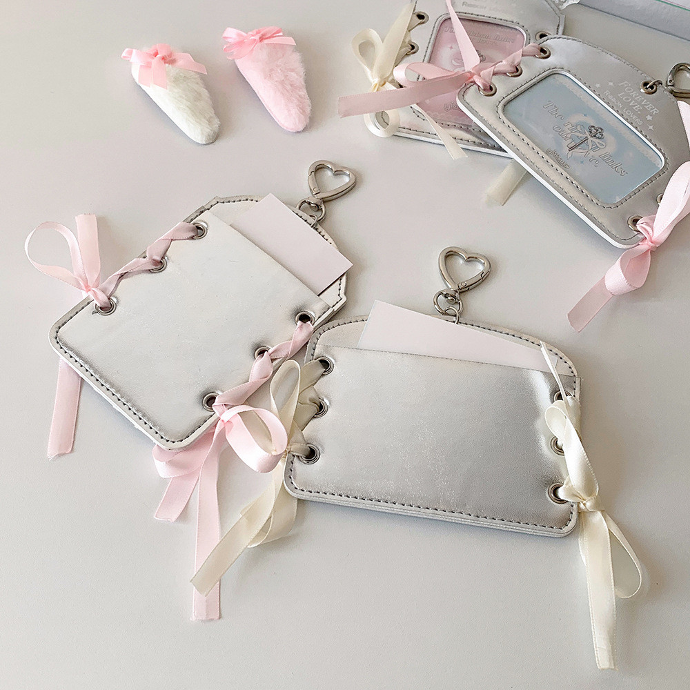 Ins Ballet Silver Leather PU Card Holder Ballet 3 Inch Small Card Display Hanging Protective Case Ribbon Idol Card Holder