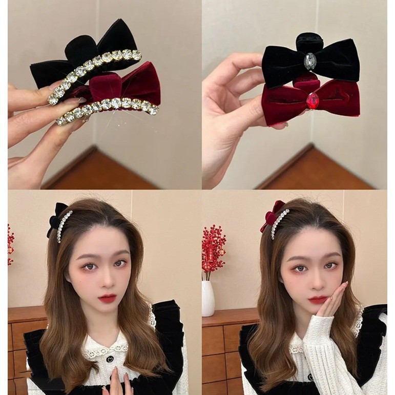 เกาหลีอารมณ์สีแดงปีใหม่กิ๊บ พลอยเทียม โบว์เรียบด้านบนคลิปขนาดเล็กคว้าคลิป