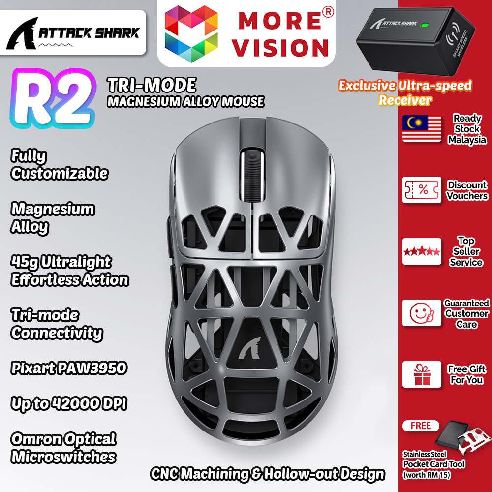 Attack Shark R2 Gaming Mouse Magnesium Alloy PAW3950 45g Super Light Bluetooth Tri-mode 8000Hz Wirel
