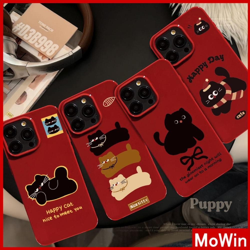 Mowin - เคส iPhone 16 Pro max สีแดง เคส TPU นิ่มเคลือบเงา กันกระแทก ป้องกันกล้อง ลายแมวดำน้อยน่ารัก เข้ากันได้กับ iPhone15 14 13 12 Pro Max 11 XR XS Max 7 8Plus