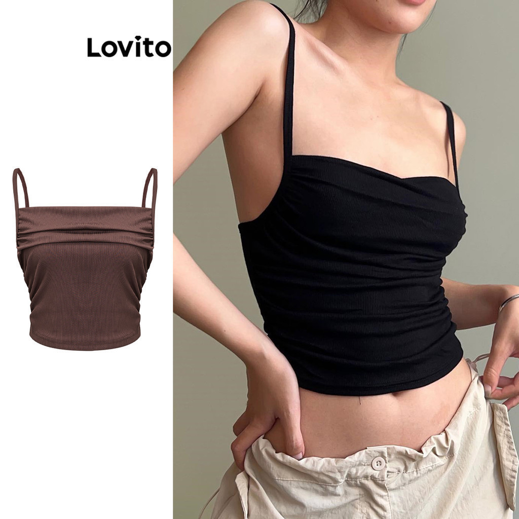 Lovito เสื้อแขนกุด แต่งจีบย่น สีพื้น สไตล์ลำลอง สำหรับผู้หญิง LNA16188 (หลากสี)