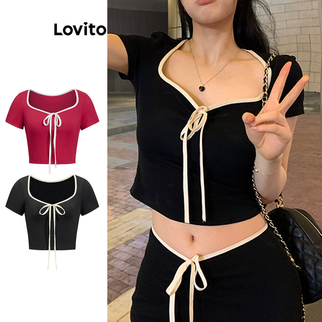 Lovito เสื้อยืดผู้หญิง แบบผูกหน้า สีพื้น คัลเลอร์บล็อก สไตล์ลำลอง L85AD057(หลากสี)