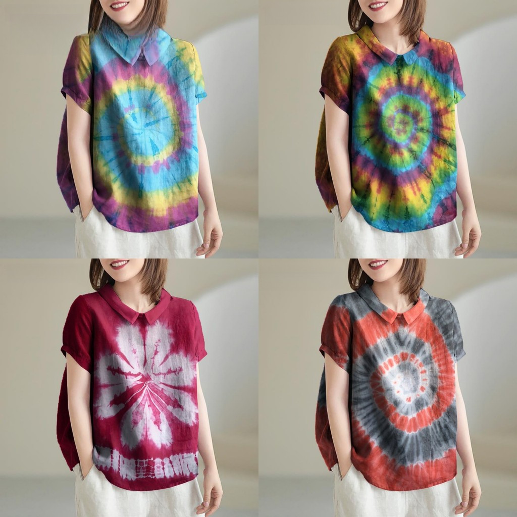 ผู้หญิงแขนสั้นสงกรานต์บิดมัดย้อมระบายอากาศแห้งเร็วปกแฟชั่นเสื้อ
