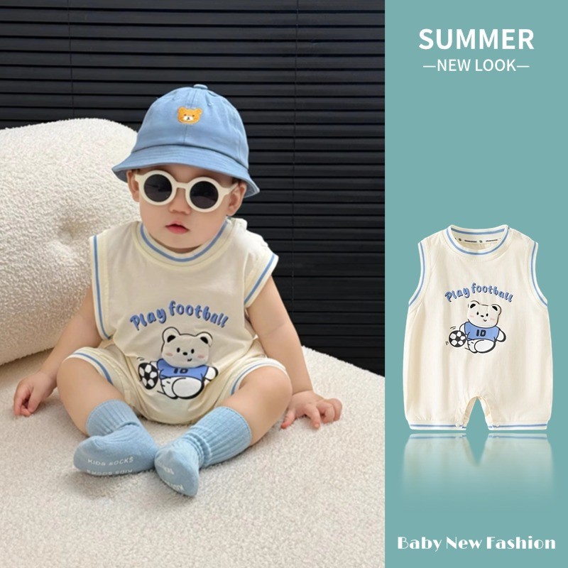 ฤดูร้อนใหม่เสื้อผ้าเด็กชายและหญิงเสื้อกั๊กแขนกุดบอดี้สูท0-24เดือนเด็กผ้าฝ้ายแท้สบายสุดน่ารักการ์ตูนฟุตบอลหมี ชุดรอมเปอร์ สไตล์เกาหลี