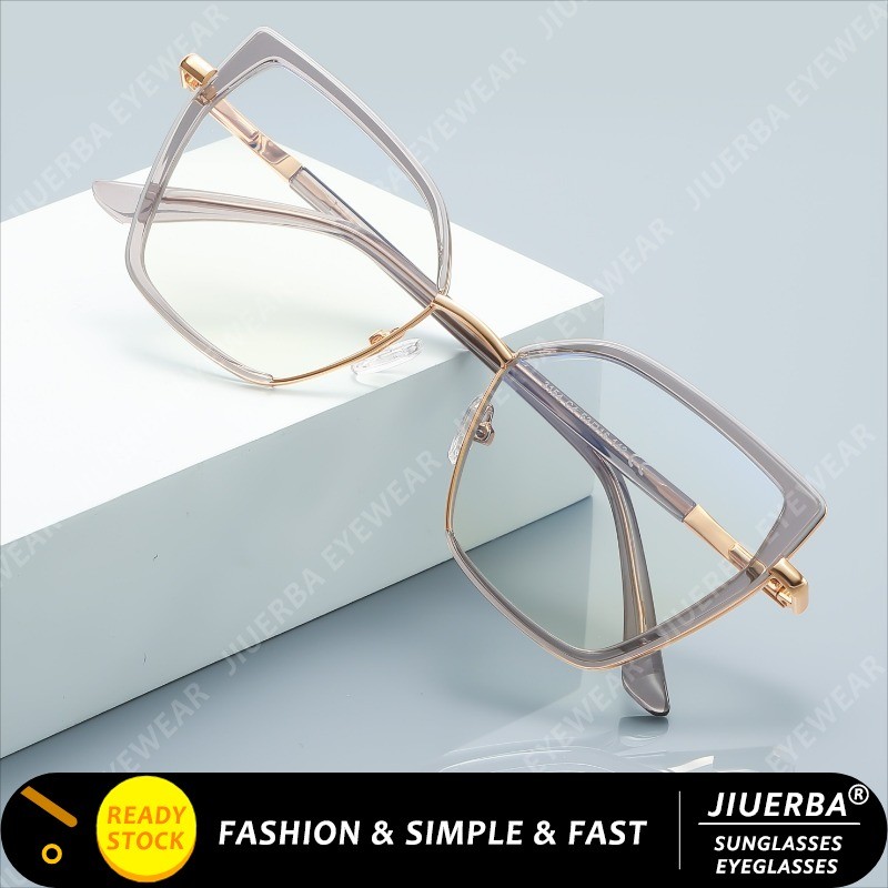 (JIUERBA) กรอบโลหะป้องกันแสงสีฟ้า TR90 แฟชั่นกรอบออปติคอลแว่นกันแดดแบนรูปหลายเหลี่ยมของผู้หญิงข้ามพร