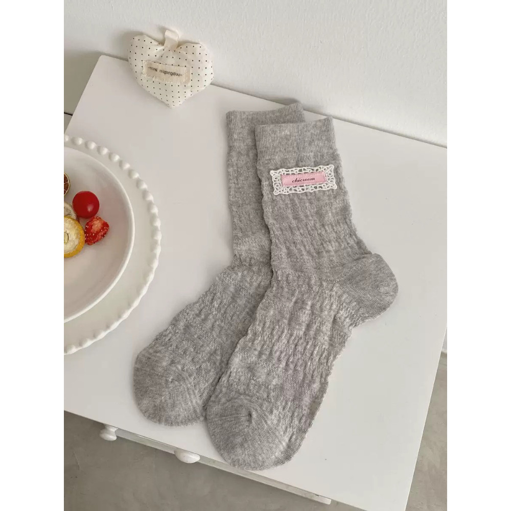 Ins Pink Lace Label ผ้าฝ้ายบางสีทึบจีบ Breathable Sweet Mid-Tube ถุงเท้าผู้หญิง - รูปที่ 7