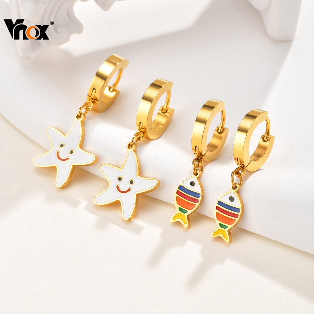 Vnox 4PCS สแตนเลสสตีล Dropper ขนาดเล็ก Fish Hoop ต่างหูผู้หญิง,18k Gold Plated Hypoallergenic ต่างหูเครื่องประดับ Shine