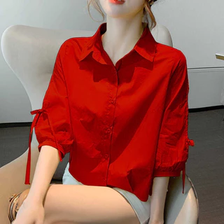 เสื้อเชิ้ตแขนยาวปานกลางสำหรับผู้หญิงผ้าชีฟองฤดูใบไม้ผลิและฤดูร้อนแบบใหม่หลวมระบายอากาศแขนโคมไฟผู้หญิงแขนสั้นแมทช์ลุคง่าย