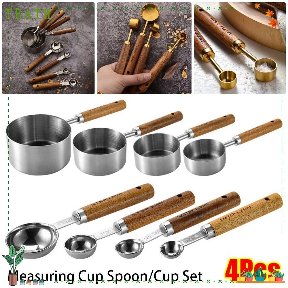 ชาธ 4ชิ้นถ้วยตวงช้อน,สแตนเลสซิลเวอร์โกลด์กาแฟช้อนตวง,สีดํา1.25-250มิลลิลิตรด้ามไม้เครื่องมืออบบาร์เทนเดอร์ขนาดอุปกรณ์เสริม