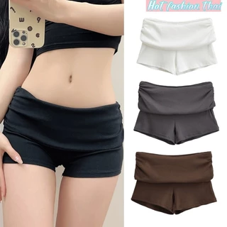 Hot fashion thai~พร้อมส่ง'กางเกงขาสั้นผู้หญิง สีทึบเอวต่ำเอว Flipping หัวกระเป๋าสะโพกลำลองกางเกงขาสั้น-FY2833