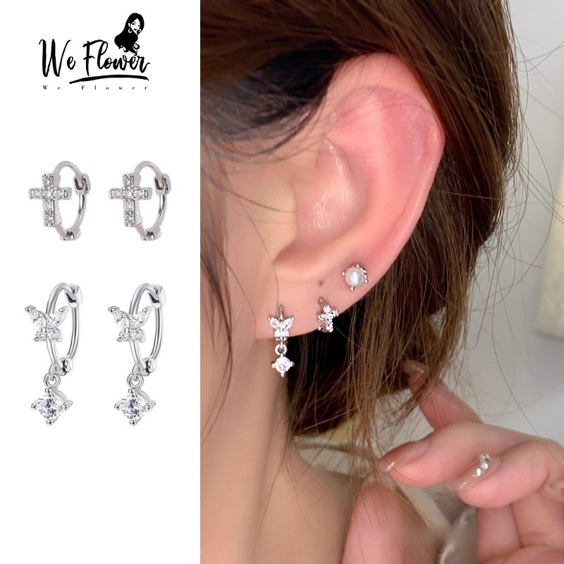 เราดอกไม้เกาหลี s925 เงิน Shining คริสตัลผีเสื้อ Hoop ต่างหูแฟชั่นผู้หญิง Pierced หูเครื่องประดับ