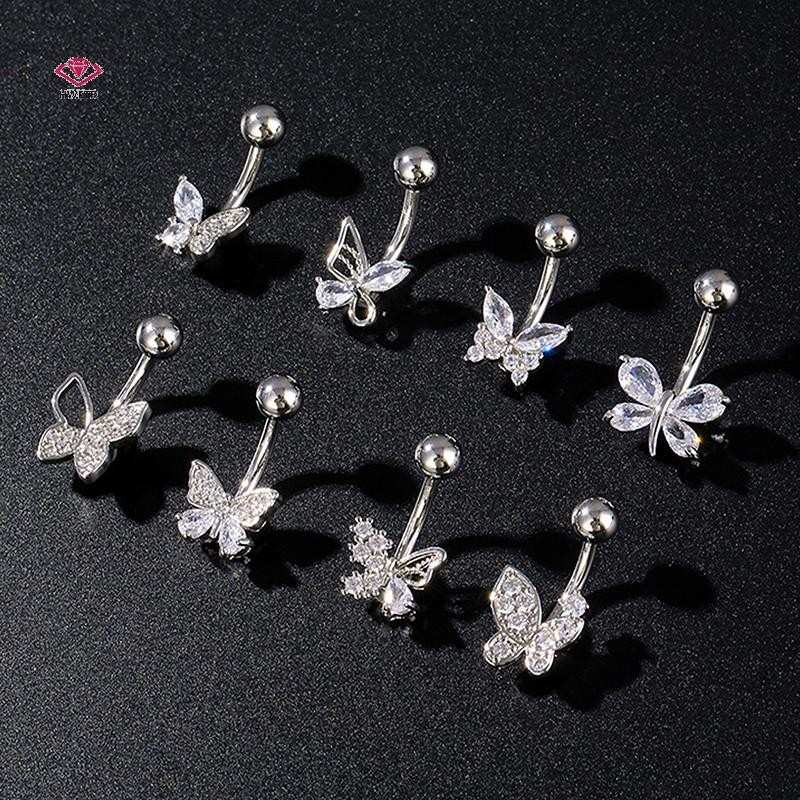 HWETR แฟชั่น Bow Belly ปุ่มแหวนสแตนเลสZircon Navelเจาะแหวนผู้หญิงสาวเซ็กซี่เครื่องประดับของขวัญใหม่