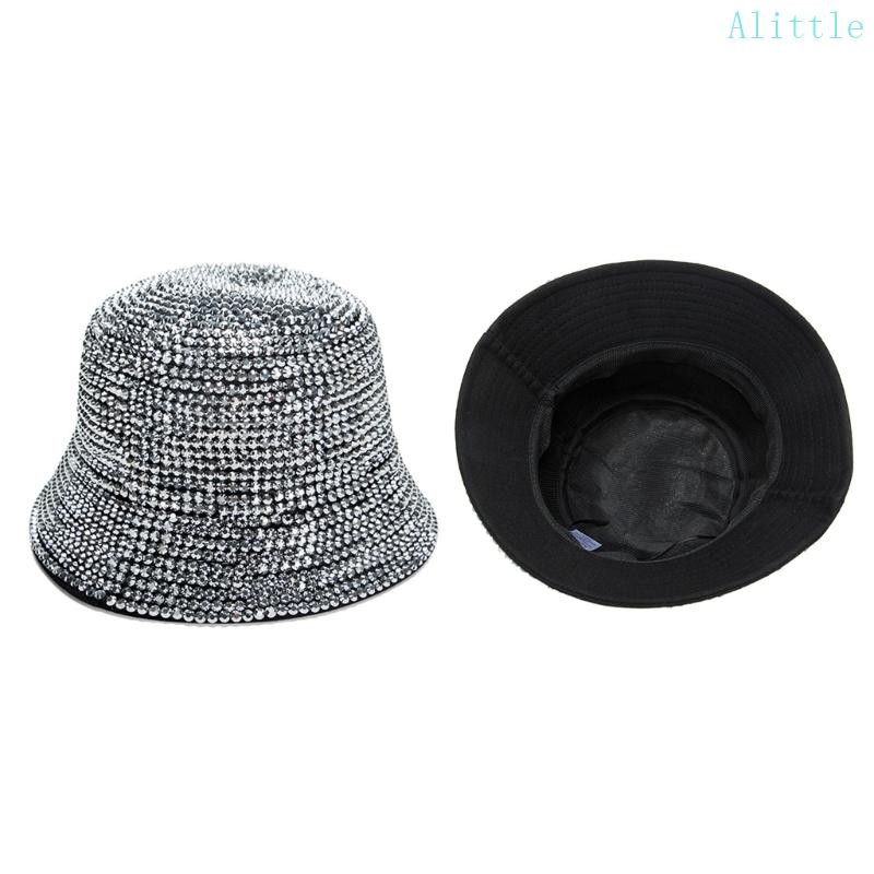 Alia Full Diamond Adjustable Fedora Bucket Hat Rhinestone ปานามาหมวกปีกกว้างแจ๊สหมวก