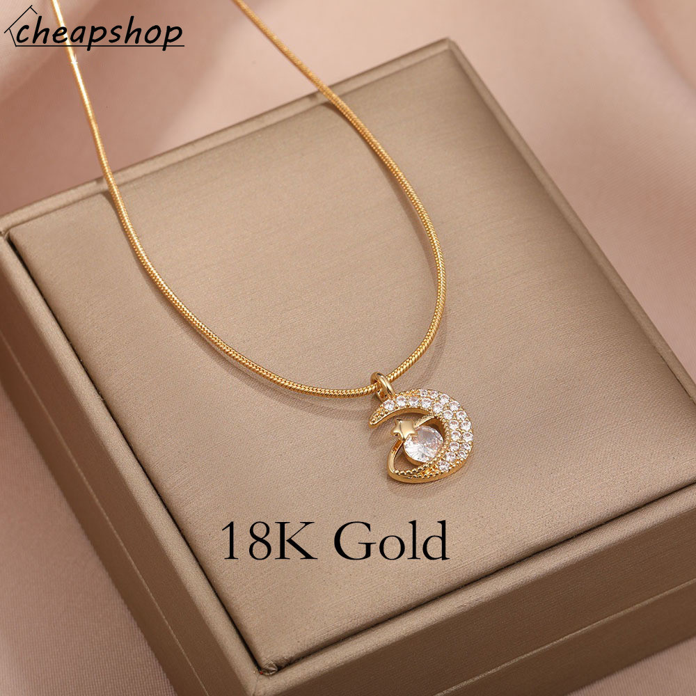 IF YOU 18K Gold Star Moon สร้อยคอแฟชั่นทองแดง Zircon Chain Choker สําหรับผู้หญิงเครื่องประดับอุปกรณ์