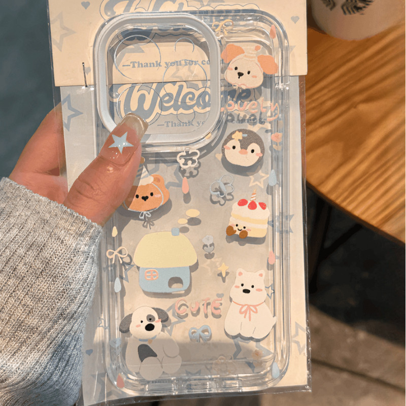 น่ารักสุนัขน้อยเพนกวินดอกไม้สําหรับiPhone 16 15 14 13 12 11 Pro Max 16E XR X XS Max 7 8 Plus SE2 Miniแมวน่ารักเค้กใสกันกระแทกTPUนุ่ม