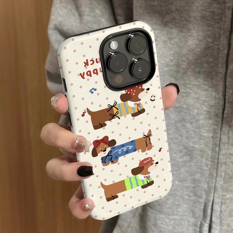 Wave Point ไส้กรอกสุนัข 2-in-1 สําหรับ Apple 17/16 เคสโทรศัพท์ iPhone 15 Pro Max ฟิล์มใหม่ 14/13 Creative 12/11 Pro Max 7/8 Plus สองชั้นเคสโทรศัพท์เคลือบเงา
