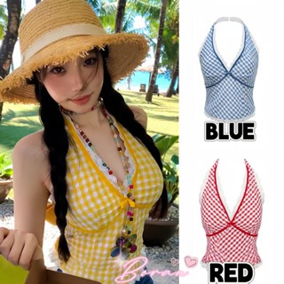 JINNCHIC✨เสื้อสายเดี่ยวลายตารางแบบคล้องคอ การตัดเย็บเว้าหลัง…