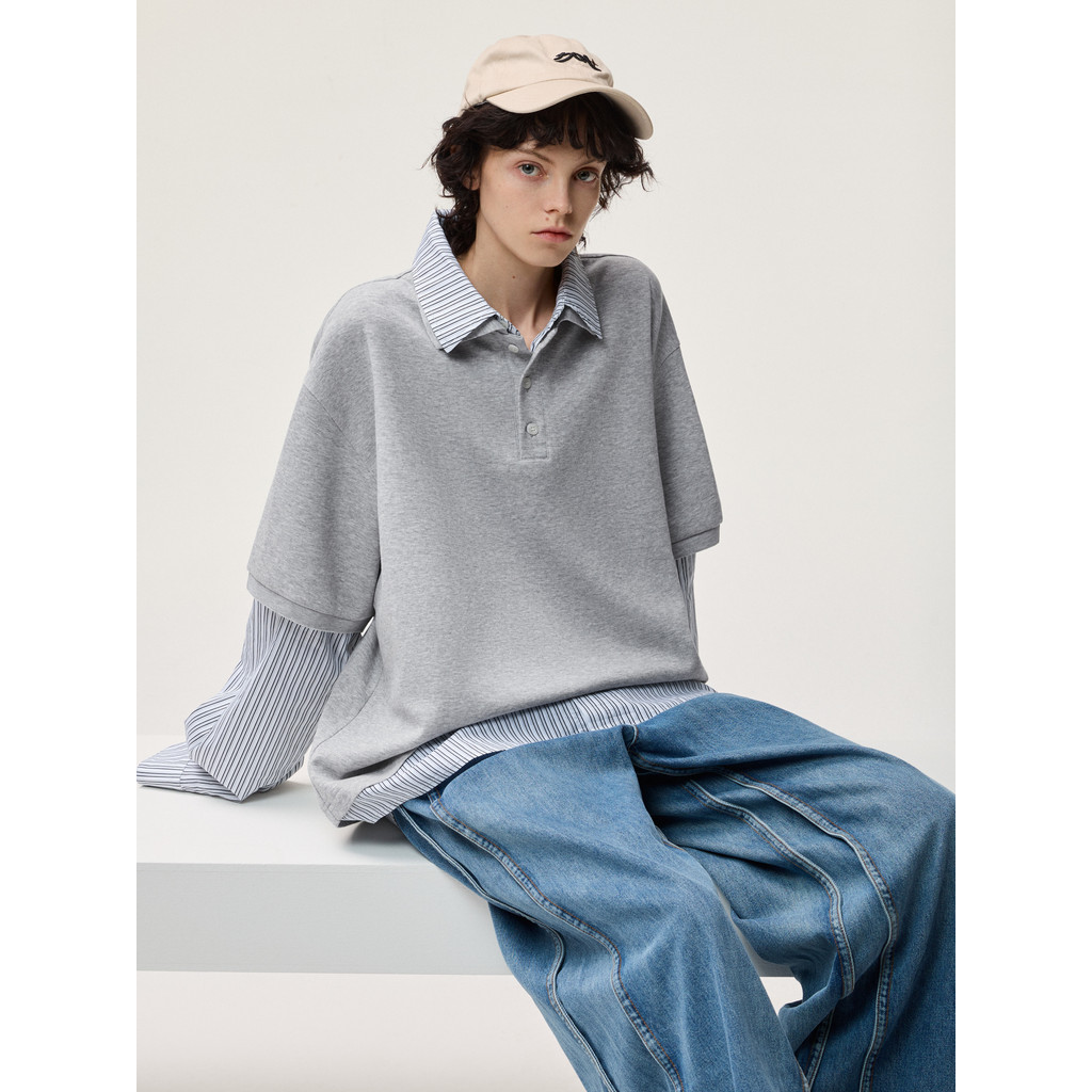 SUIKONE ซุยโคเนะ เสื้อกันหนาวแขนยาวสไตล์วิทยาลัยอเมริกัน แบบคอปกโปโล — صورة 2