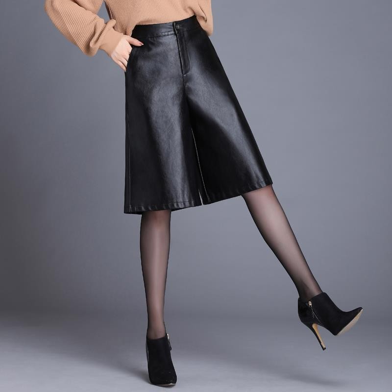 กางเกงขาสั้นหนังผู้หญิงแฟชั่นใหม่เอวสูงบางขากว้างหลวม