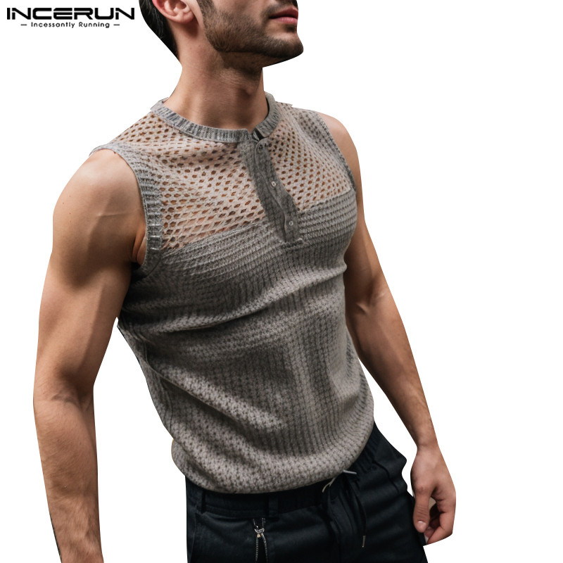 Incerun Men Vintage Casual Mesh Hollow Splicing Sleeve Design Tanks