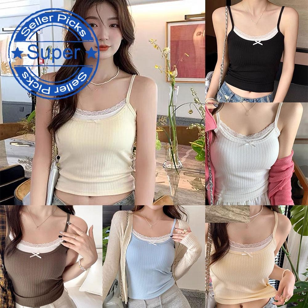 แฟชั่นลูกไม้หวานเสื้อกล้ามผู้หญิงฤดูร้อนสีทึบแขนกุดยกทรง โวลต์1ย9