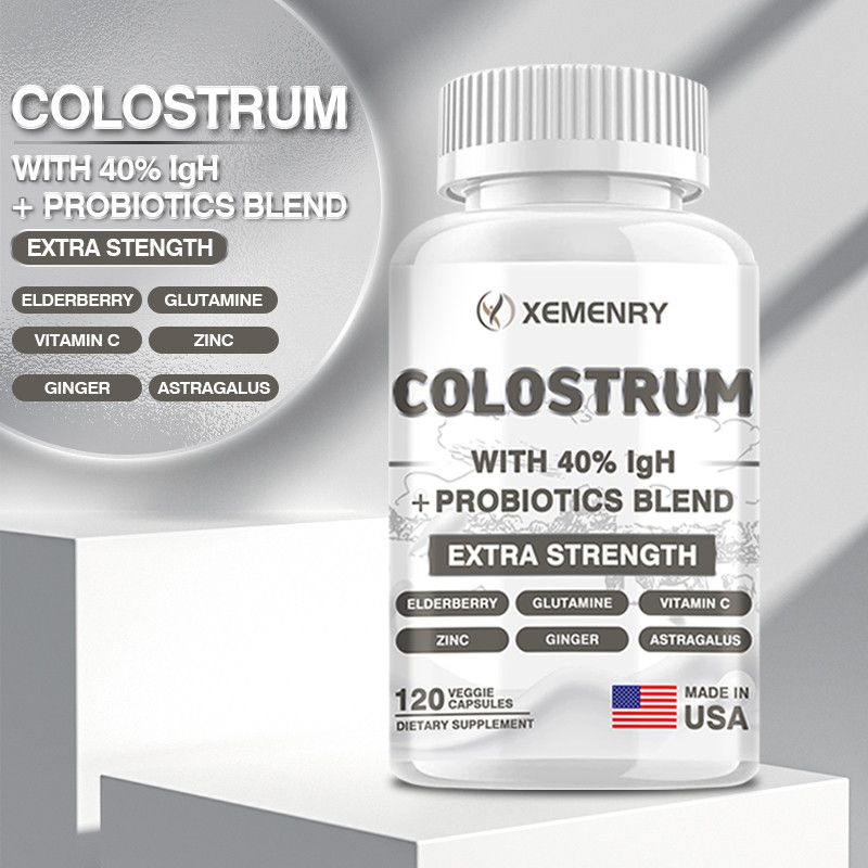 Xemenry Colostrum 40% IgG + Probiotic Blend, Gut Health, Athletic Performance, ระดับเหล็กเพื่อสุขภาพ, 30/60/120 แคปซูล