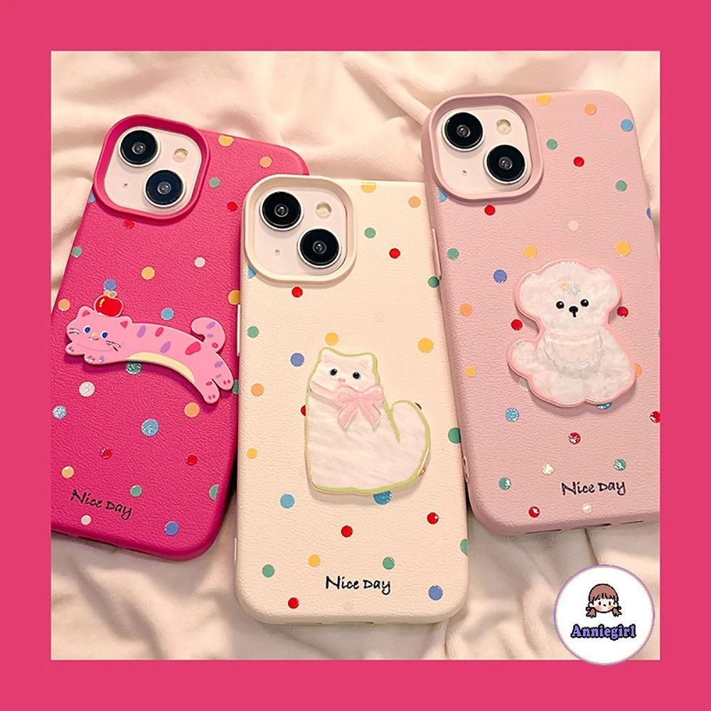 น่ารัก 3D ลูกสุนัขแมว สีสัน จุดคลื่น หนังสําหรับ IPhone 11 15 16 Pro MAX 16 Plus 12 14 13 Promax XS MAX XR 7 8 Plus ป้องกันฝุ่น Soft TPU โทรศัพท์ปกหลัง
