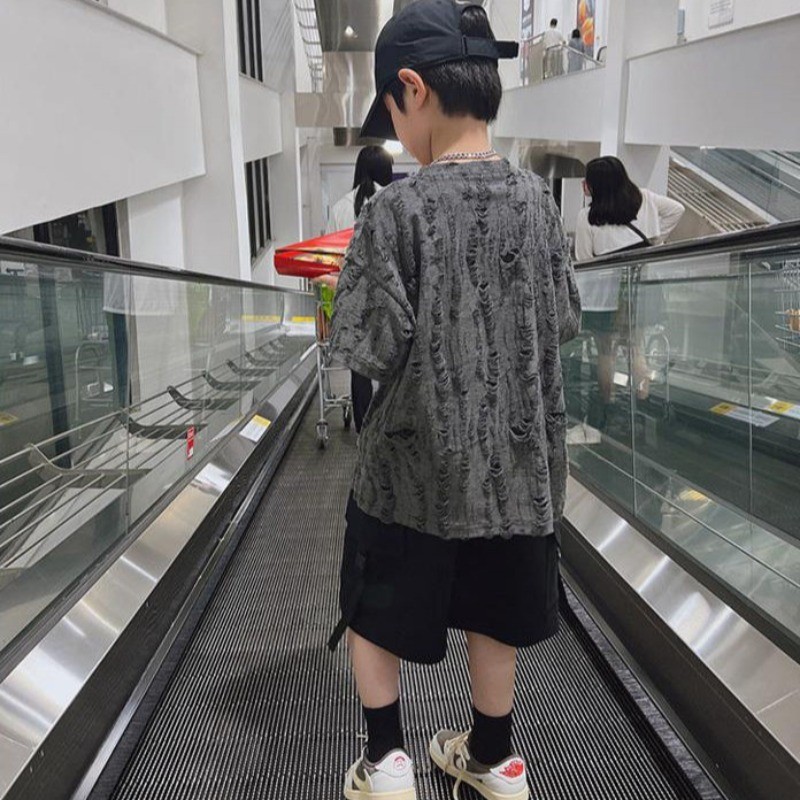 Kidเสื้อยืดรอบคอแขนสั้นบางหลวมTเสื้อธรรมดาHole Breaking Design Topsแฟชั่นเด็กสาวUnisexสวมใส่