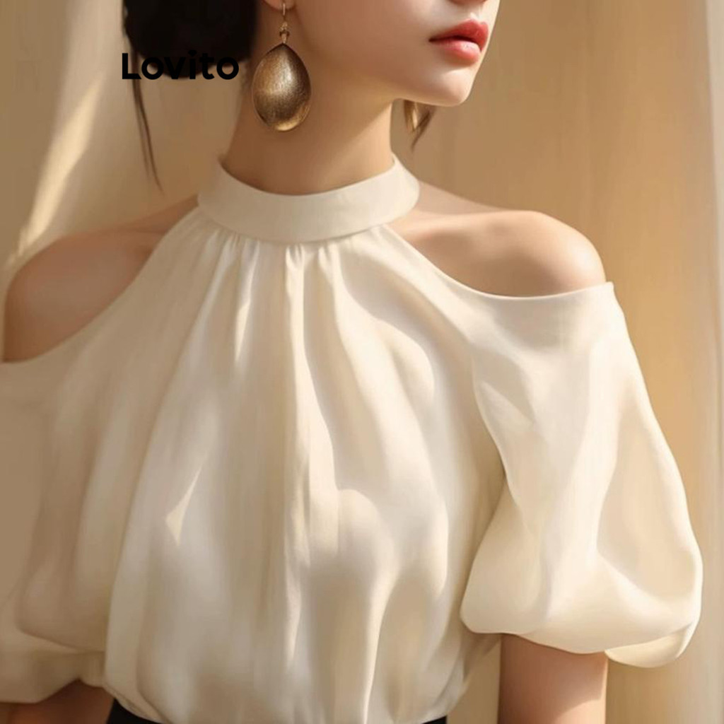 Lovito เสื้อเบลาส์ผู้หญิง แต่งคัทเอาท์ สีพื้น สไตล์ลำลอง LNE69242