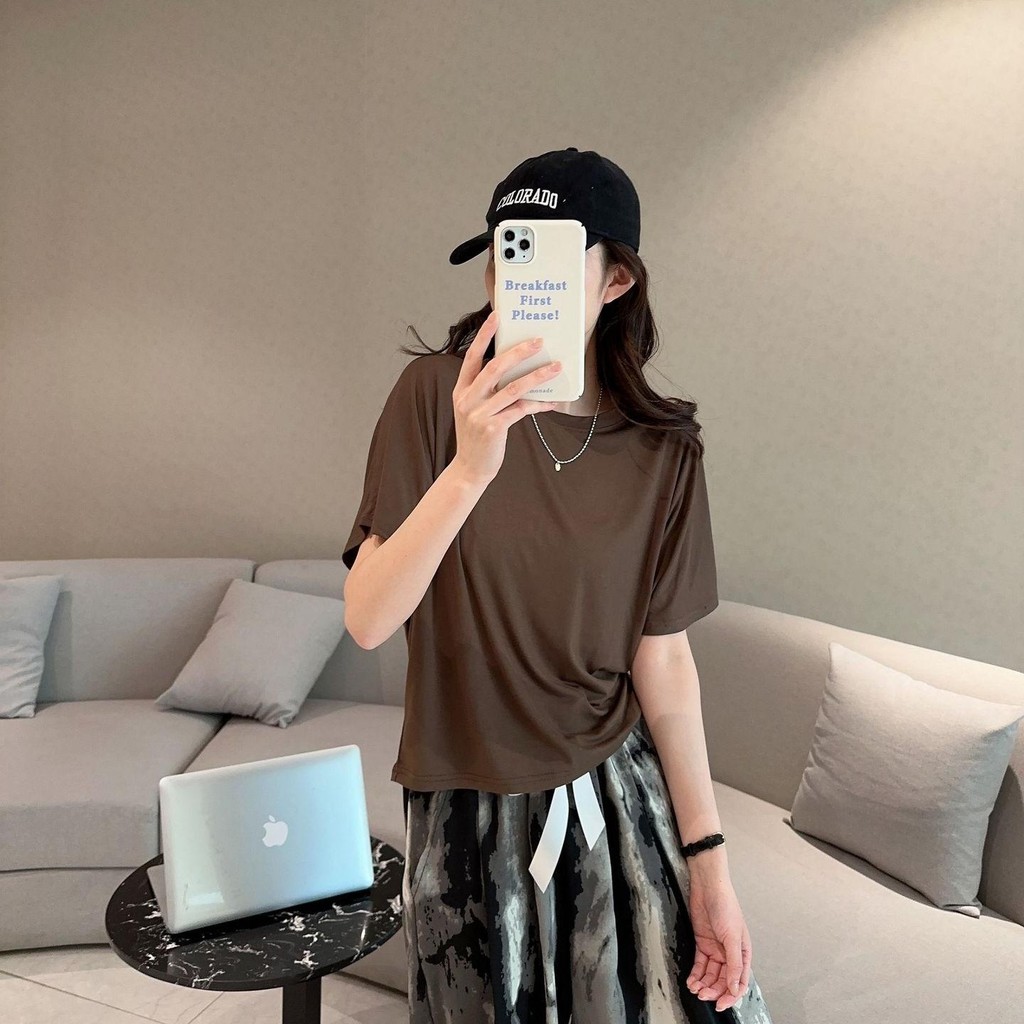 2408 เสื้อยืดหญิง ทรงหลวม คอลูกเรือ บางเฉียบหลวมๆระบายอากาศ Modal short sleeve T-shirt