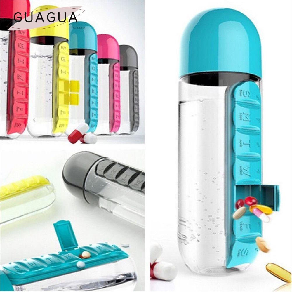Guogua 600ml ถ้วยพลาสติกแบบพกพา 2 in 1 กล่อง Organizer กล่องยารายวัน