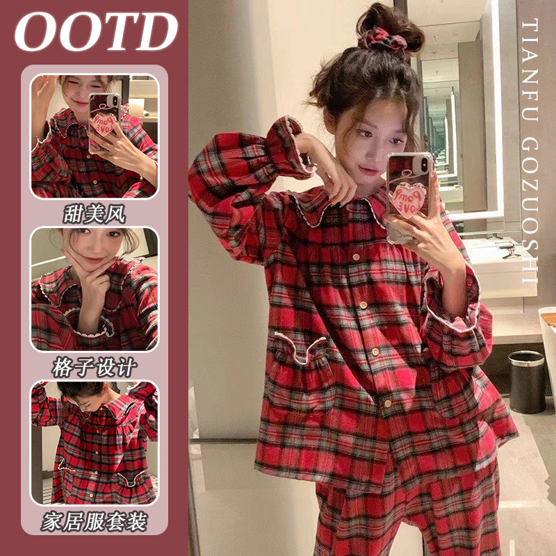 สไตล์เกาหลีสีแดงลายสก๊อตกางเกงแขนยาวชุดนอนใหม่หวานคริสต์มาสปีใหม่สบายๆที่บ้านสวมสูท