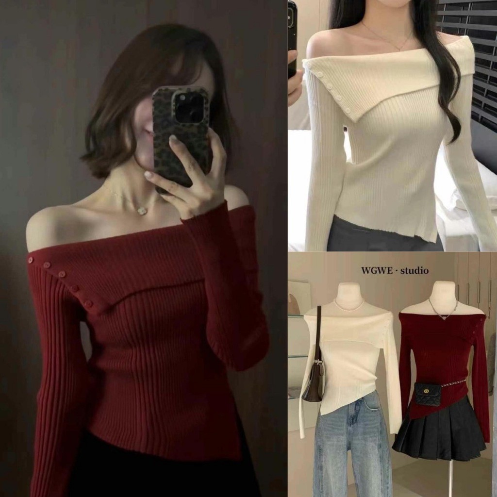 เสื้อแขนยาว ปาดไหล่ แต่งกระดุม ผ้าทอนิ่ม ทรงเกาหลี ทรงน่ารัก แฟชั่นเกาหลี TAG WG.WE
