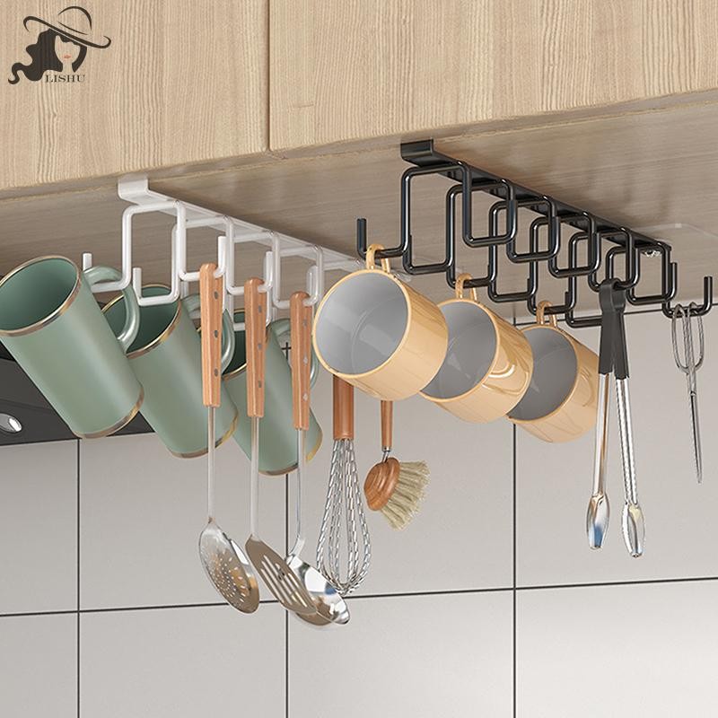 LISHU Punch-free Double-row Hooks ห้องครัวภายใต้ถ้วยชั้นวางแก้วถ้วยแขวนตะขอเหล็กผู้ถือตู้ครัว Organizer th