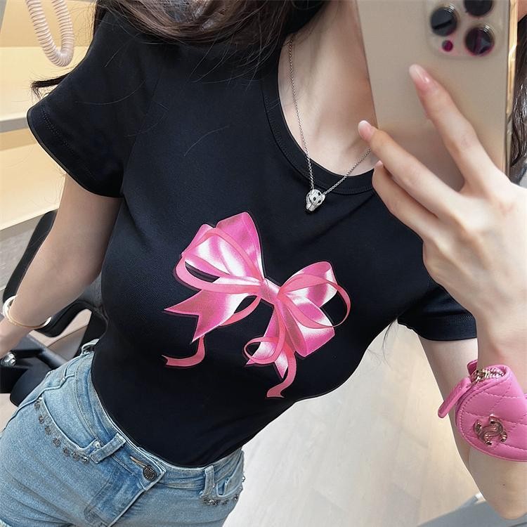 หวานน่ารักเสื้อยืดสีชมพูโบว์แขนสั้นพิมพ์บางเสื้อสำหรับผู้หญิงฤดูร้อน แฟชั่นเก๋ไก๋เสื้อยืด - รูปที่ 4