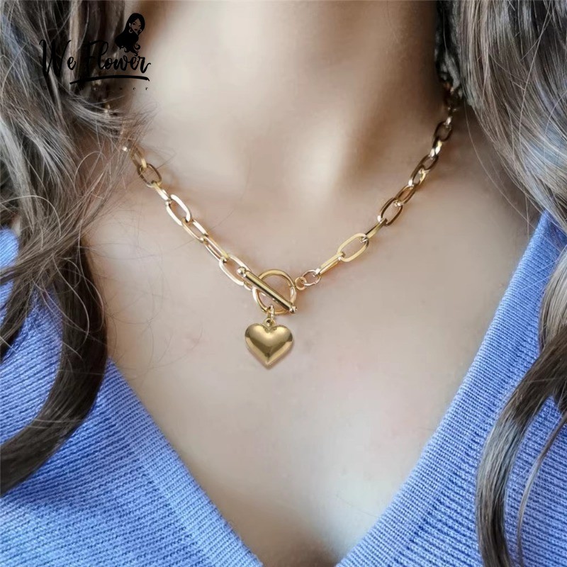 We Flower Cool Sweet Gold Heart จี้ OT สร้อยคอหัวเข็มขัดสําหรับผู้หญิงผู้ชาย Vintage Chunky Link Chain สร้อยคอเครื่องประดับ