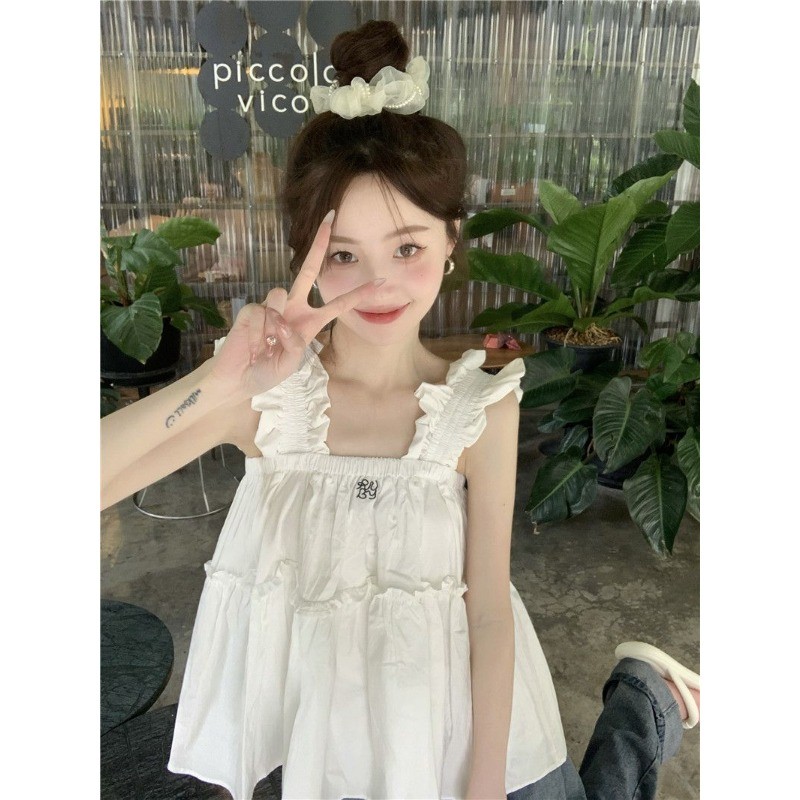 🧡LINNA🧡จัดส่งภายใน 24 ชั่วโมง🚀สีทึบ แขนกุด ท็อปส์ จีบ เย็บปักถักร้อย เวอร์ชั่นเกาหลี สไตล์ใหม่