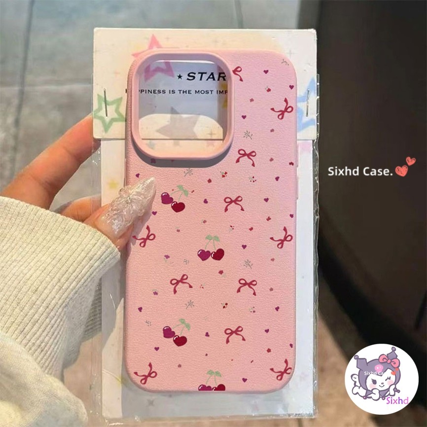 เข้ากันได้กับ IPhone 16 15 11 12 13 14 Pro Max X Xr Xs 8 7 6 6sPlus SE 2020 Anti-Shock Case Ins โบว์สีชมพูหนังนุ่ม