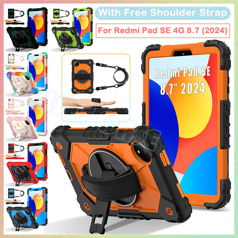 สําหรับ Redmi Pad SE 4G 8.7 นิ้ว 2024 Redmi Pad SE 8.7 360° ฝาครอบขาตั้งที่จับหมุนได้ เคสกันกระแทกสําหรับงานหนักพร้อมสายคล้องมือ