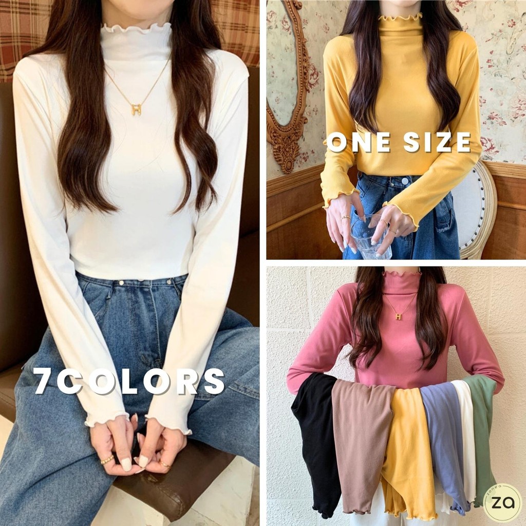 HOT SALE เสื้อแขนยาวคอสูง ผ้าคอตตอนนิ่ม ขอบหยักน่ารัก 7 สีพื้น