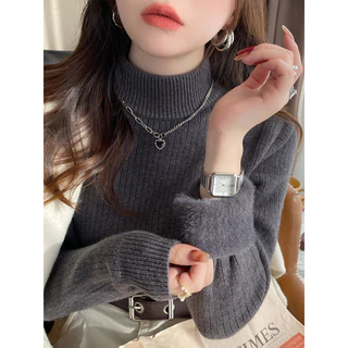 เสื้อสเวตเตอร์หนาพิเศษสำหรับผู้หญิงเสื้อตัวในบุขนกำมะหยี่หนาพิเศษสำหรับฤดูหนาวแบบใหม่ฤดูใบไม้ร่วงและฤดูหนาวเสื้อขนแกะชิ้นเดียวคอสูงครึ่งตัว I ทอ I Maguan ldxw