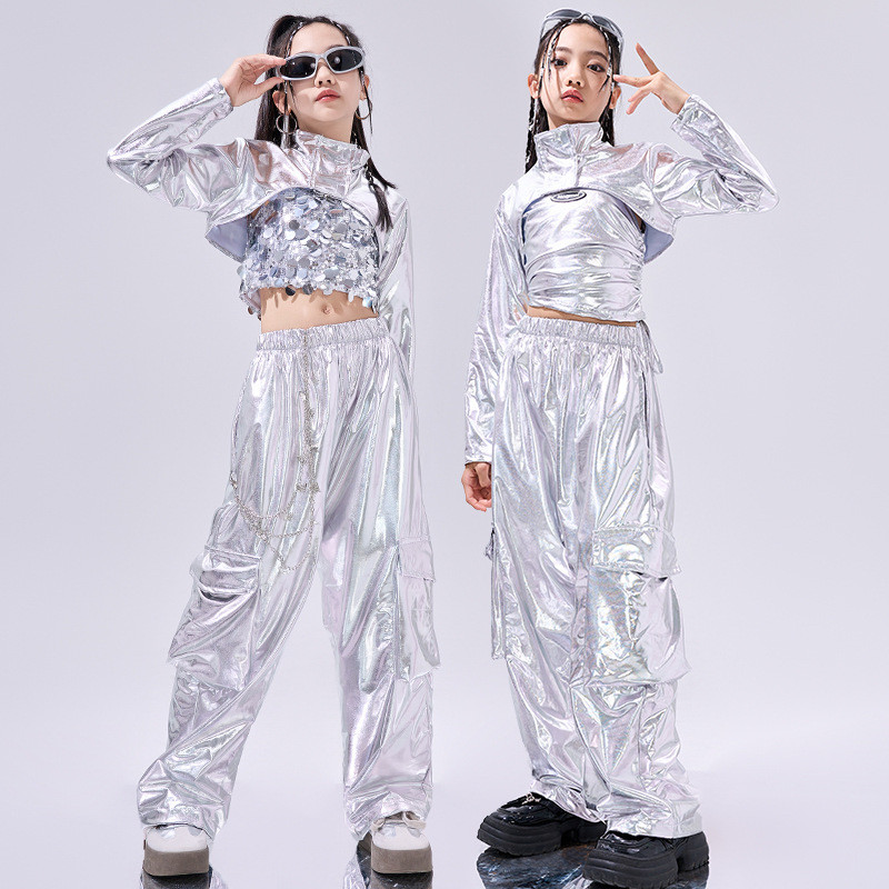 เครื่องแต่งกายแจ๊สแดนซ์ของเด็กผู้หญิง Silver Sequins Cool Children Hiphop Performanceclothes Set