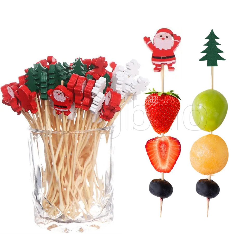 50 ชิ้นคริสต์มาสไม้ไผ่อาหาร Picks ไม้จิ้มฟัน Santa ขนมหวานบุฟเฟ่ต์สลัดผลไม้ตกแต่งคริสต์มาสปีใหม่ Xmas Party Supplies