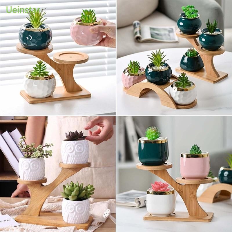 Uein 3 ชั้นที่วางกระถางต้นไม้ทนทาน Planter ถาดไม้ไผ่ดอกไม้กระถางต้นไม้ขาตั้ง 1 ชิ้น