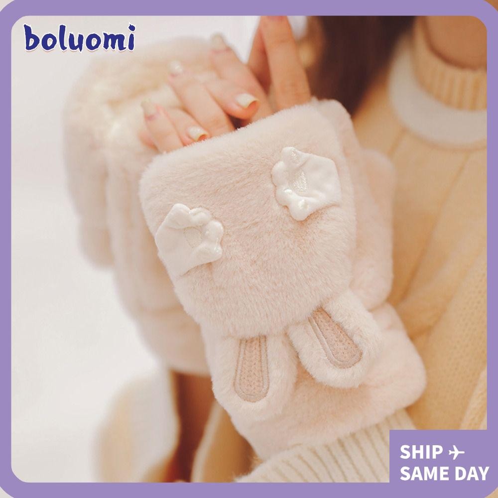 Bolumi ถุงมืออุ่น,การ์ตูนตุ๊กตาพลิกถุงมือครึ่งนิ้ว,แฟชั่นหนานุ่มFauxกระต่ายผมถุงมือฤดูหนาวขี่จักรยาน